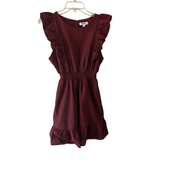 BB Dakota Burgundy Textured Ruffle Sleeve Dress W/ Smocked Waist & Keyhole Med - Picture 1 of 7